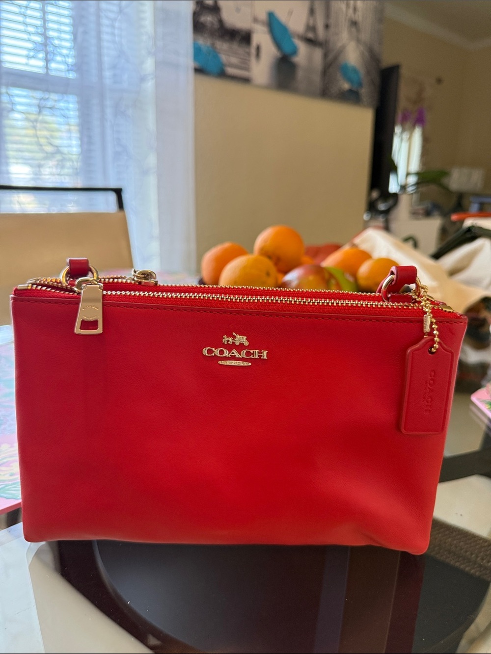 Coach Bright Red Leather Double Zip Crossbody